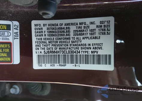 2012 Honda Cr-V Ex-L from USA, damaged, VIN 5J6RM4H73CL030434